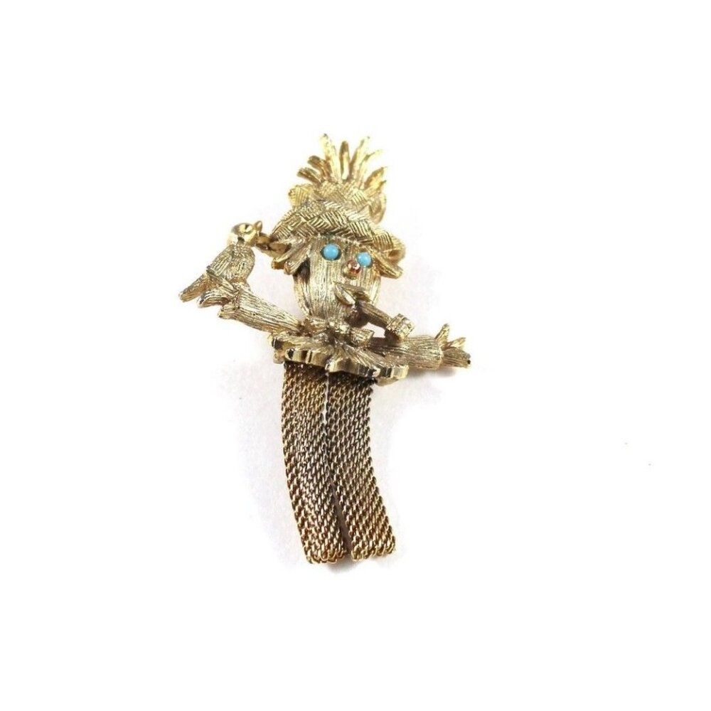 Vintage Gold Scarecrow Brooch Pin With Bird & Chain Tassel